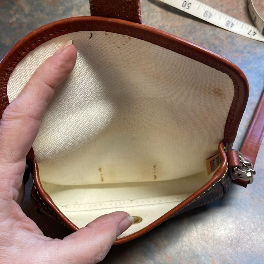 Dooney & Bourke brown plaid wristlet with cognac leather trim and strap. - Picture 4 of 7